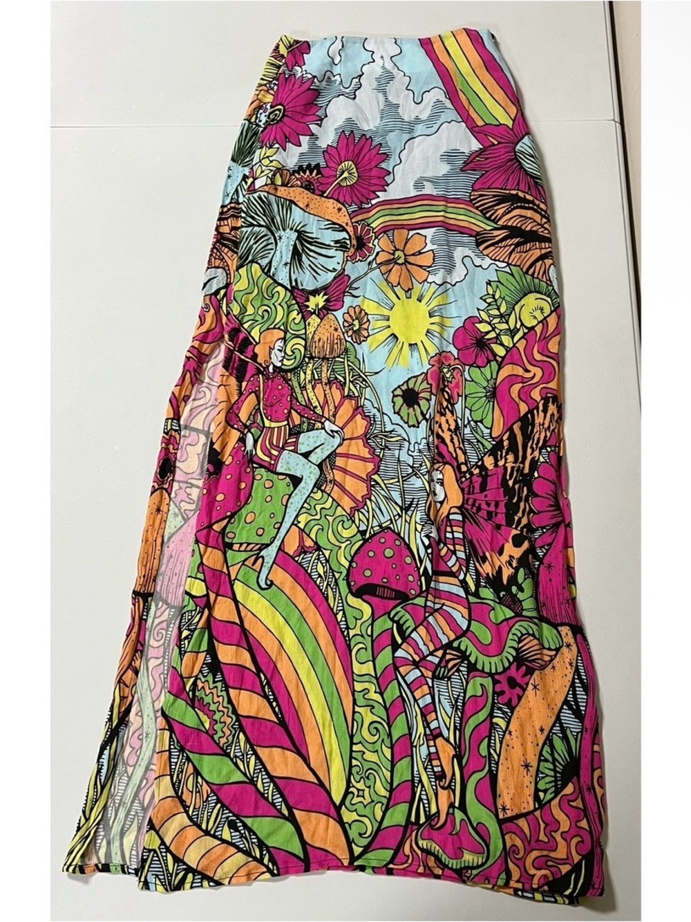 Current Mood Pink Trippy Mushroom Fairy Split-Leg Maxi Skirt Bottoms Size XXS 🍄✨